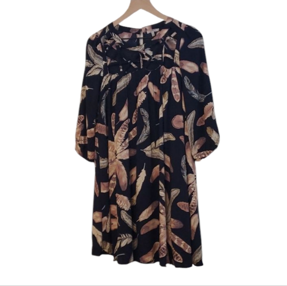Jodifl Navy Blue Rayon Feather Print Dress, Size Small